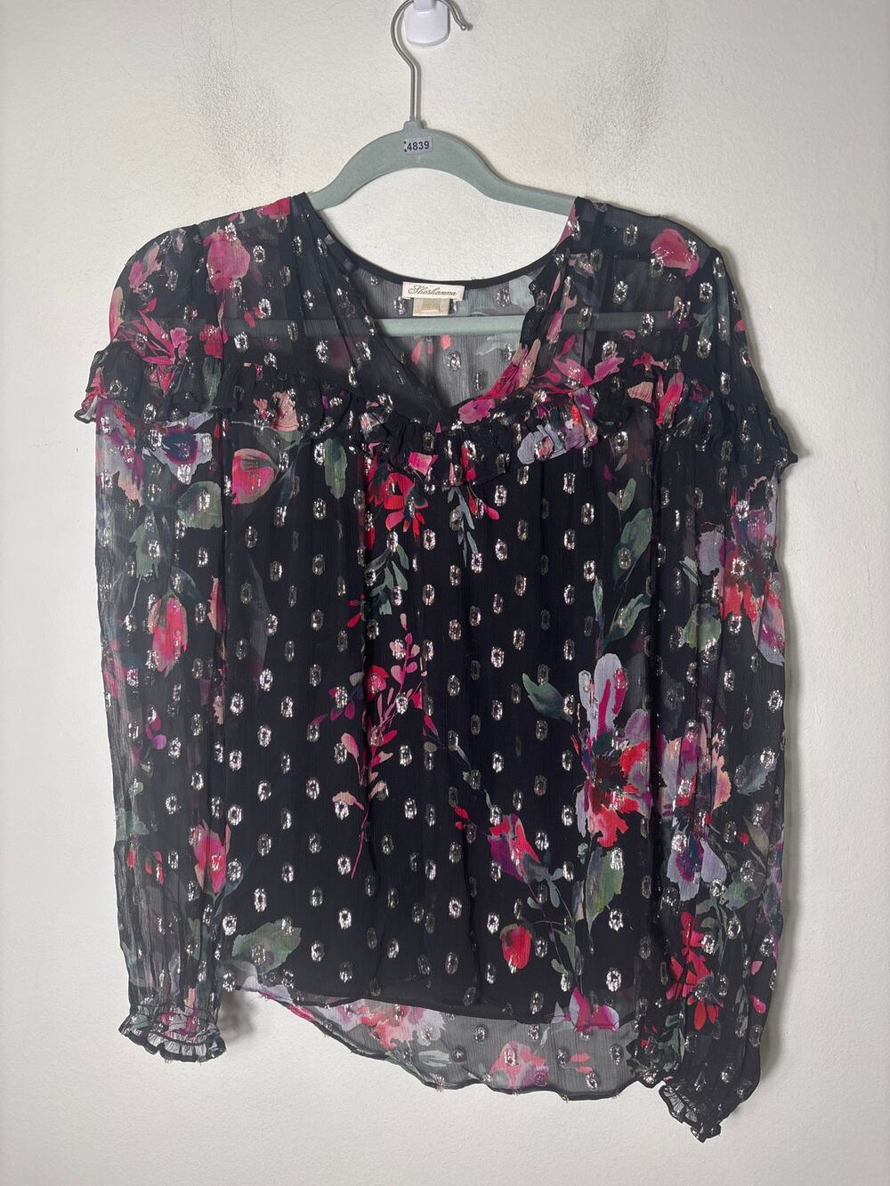 Shoshanna Black Silver Multicolor Special Occasion Long Sleeve Blouse Sz S